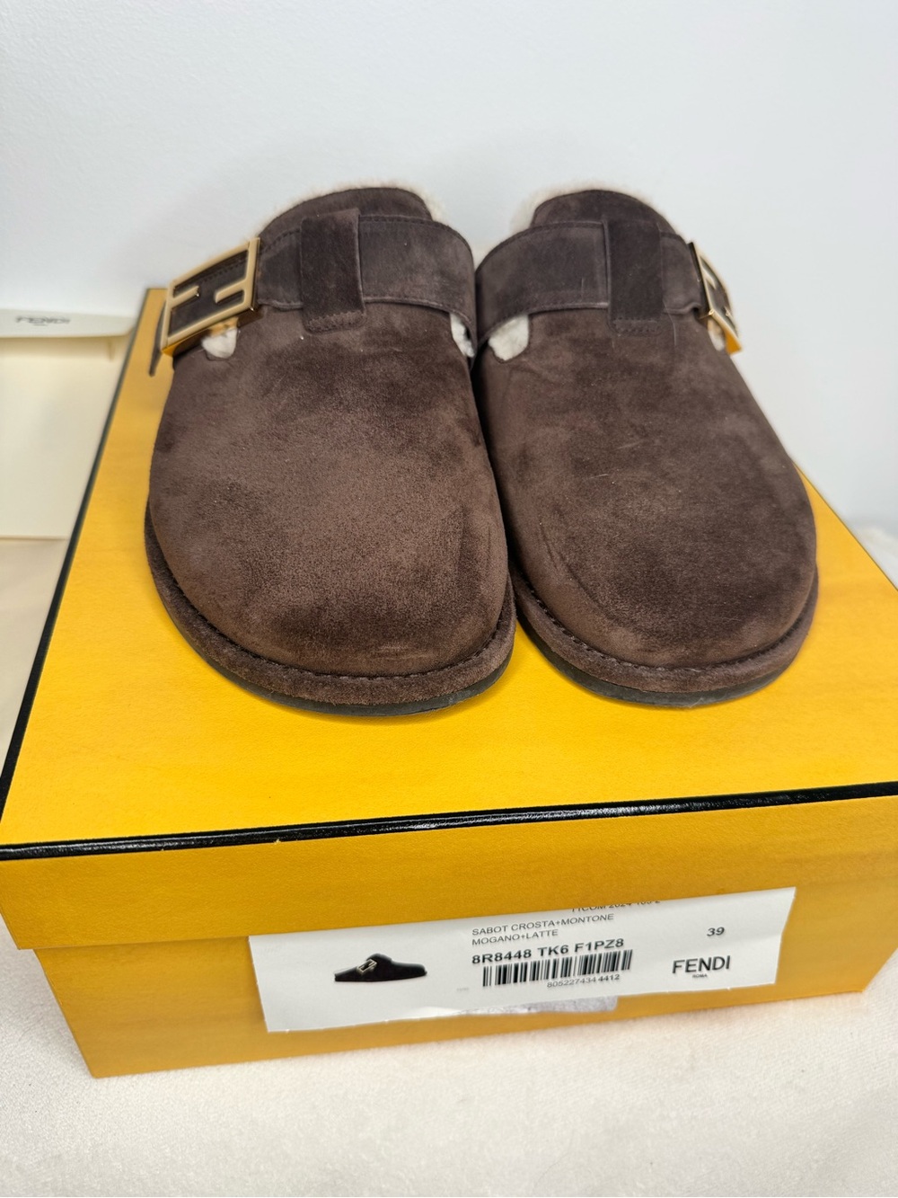 Fendi women’s Brown Suede Slip-On Clog with Gold Buckle size 39